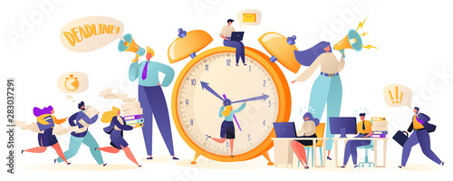 Time management on the road to success. Office workers and business people working overtime at Deadline. Flat сartoon characters work in high stress conditions and under hard boss pressure. photo