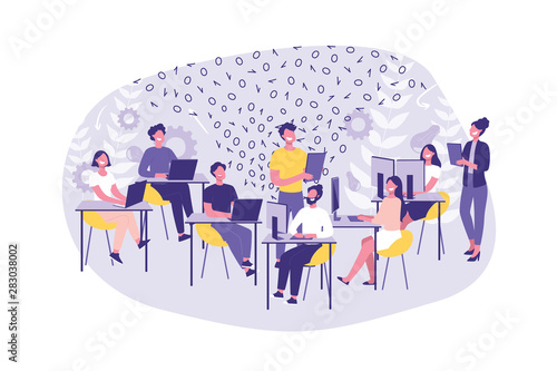 Business Concept Hackathon, Programming, Modern, Management. Group of Clerks or Programmers do their Job, Test, Software and Web Development. Teamwork Hackers and managers in the Office. Cartoon Flat