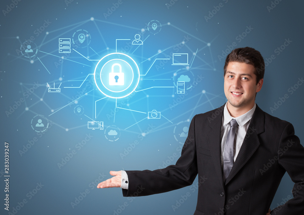 Young smiling person presenting office cloud technology concept Young smiling person presenting office cloud technology concept