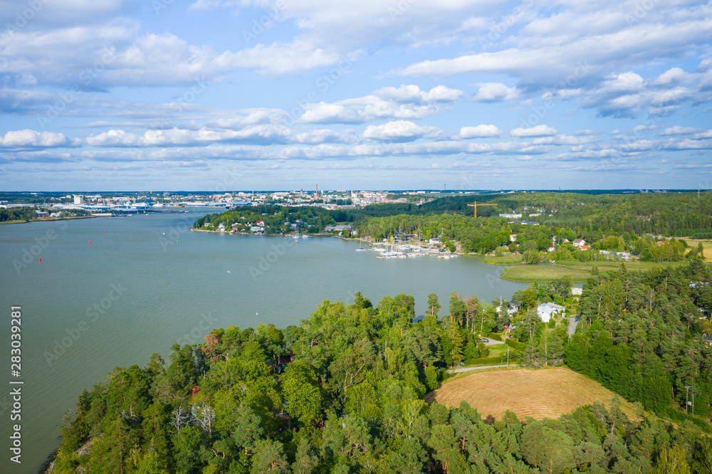 Aerial view of Ruissalo island. Turku. Finland. Nordic natural landscape. Photo made by drone from above.
