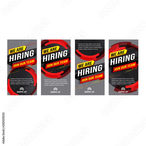 hiring recruitment Join now design set color banner poster. We are hiring lettering. Vector illustration typographic. Open vacancy design template modern concept Instagram story Insta stories Whatsapp