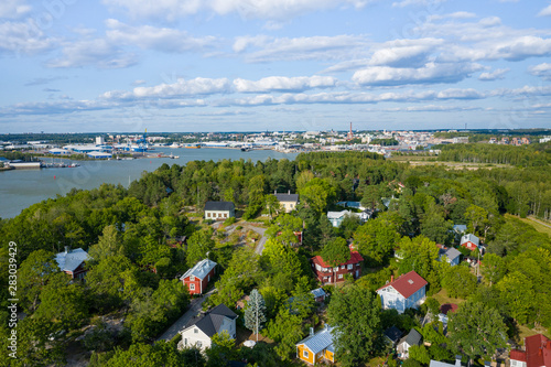 Aerial view of Ruissalo island. Turku. Finland. Nordic natural landscape. Photo made by drone from above. photo