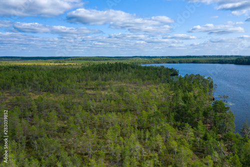 Aerial view of Kurjenrahka National Park. Turku. Finland. Nordic natural landscape. Scandinavian national park. Photo made by drone from above.