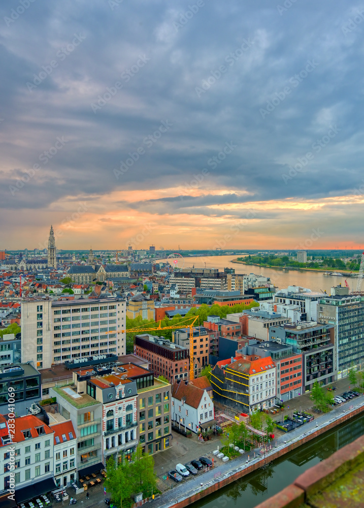 An aerial view of Antwerp, Belgium at sunset.