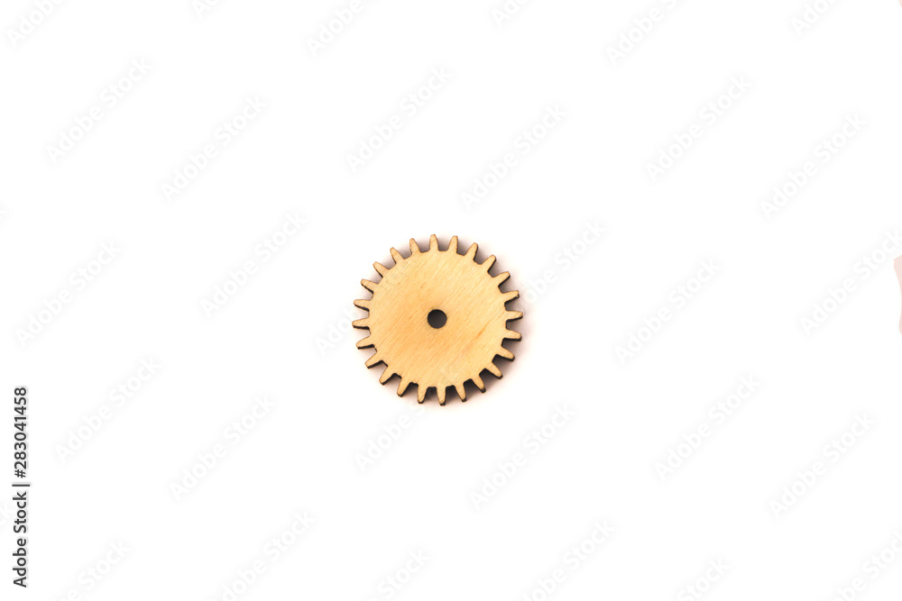 one wooden gear isolated on white background one wooden gear isolated on white background