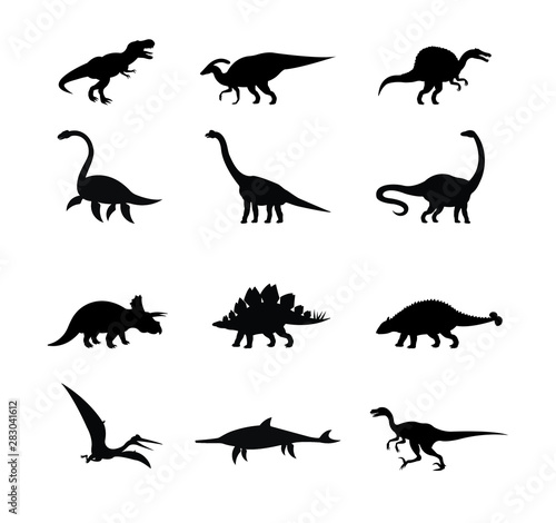 Vector black set collection of dinosaur silhouette isolated on white background