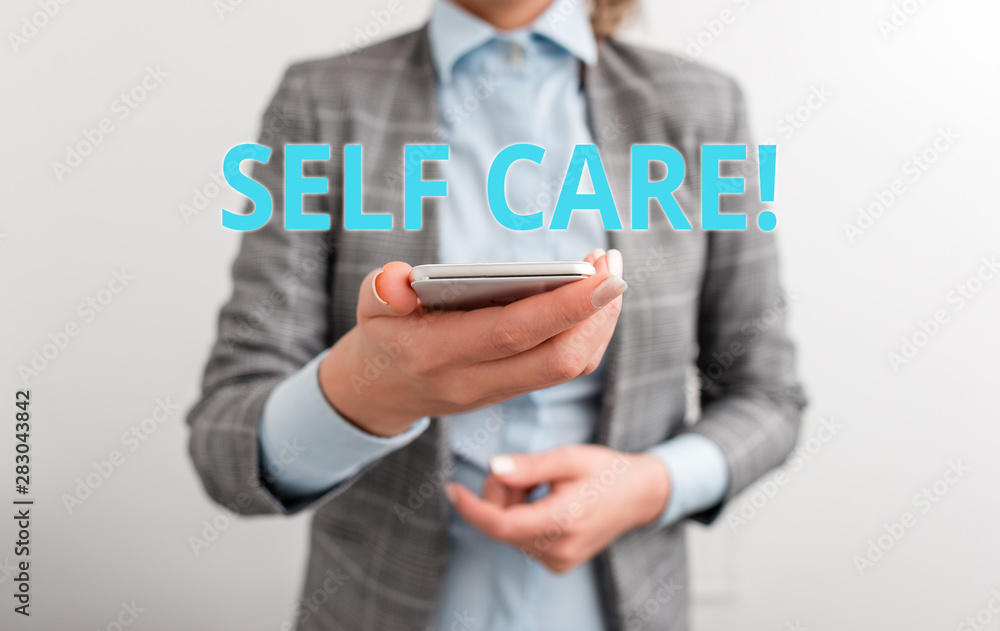 Word writing text Self Care. Business photo showcasing practice of taking action to preserve or improve ones own health Business concept with mobile phone and business woman Word writing text Self Care. Business photo showcasing practice of taking action to preserve or improve ones own health Business concept with mobile phone and business woman