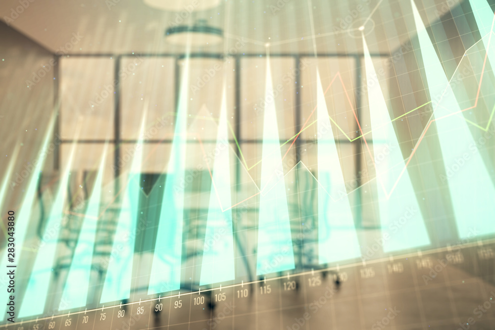 Multi exposure of stock market graph on conference room background. Concept of financial analysis Multi exposure of stock market graph on conference room background. Concept of financial analysis