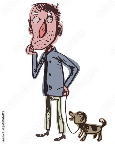 A melancholy man walks with his dog. Comic character. Vector illustration