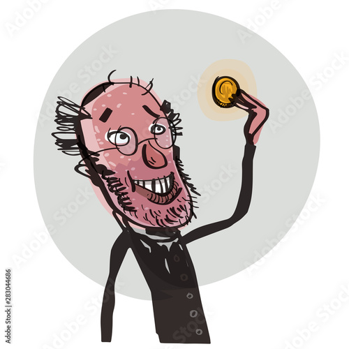 Cheerful Jew holds a coin in his hand. Comic character. Vector illustration