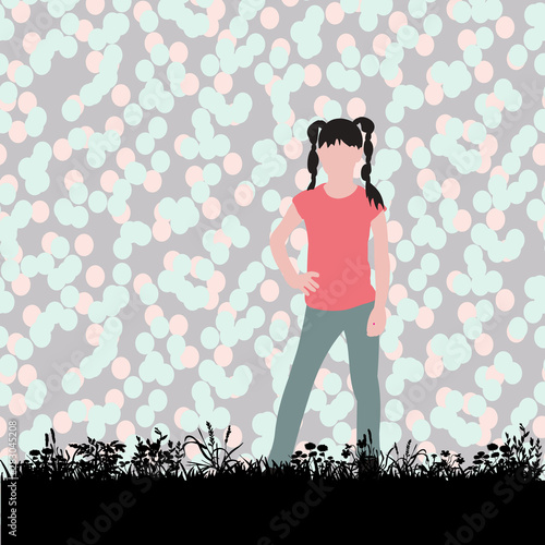 bright background, flat style girl plays, rejoices