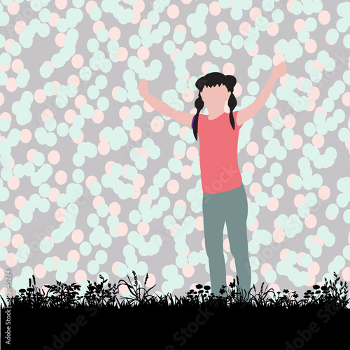 bright background, flat style girl plays, rejoices