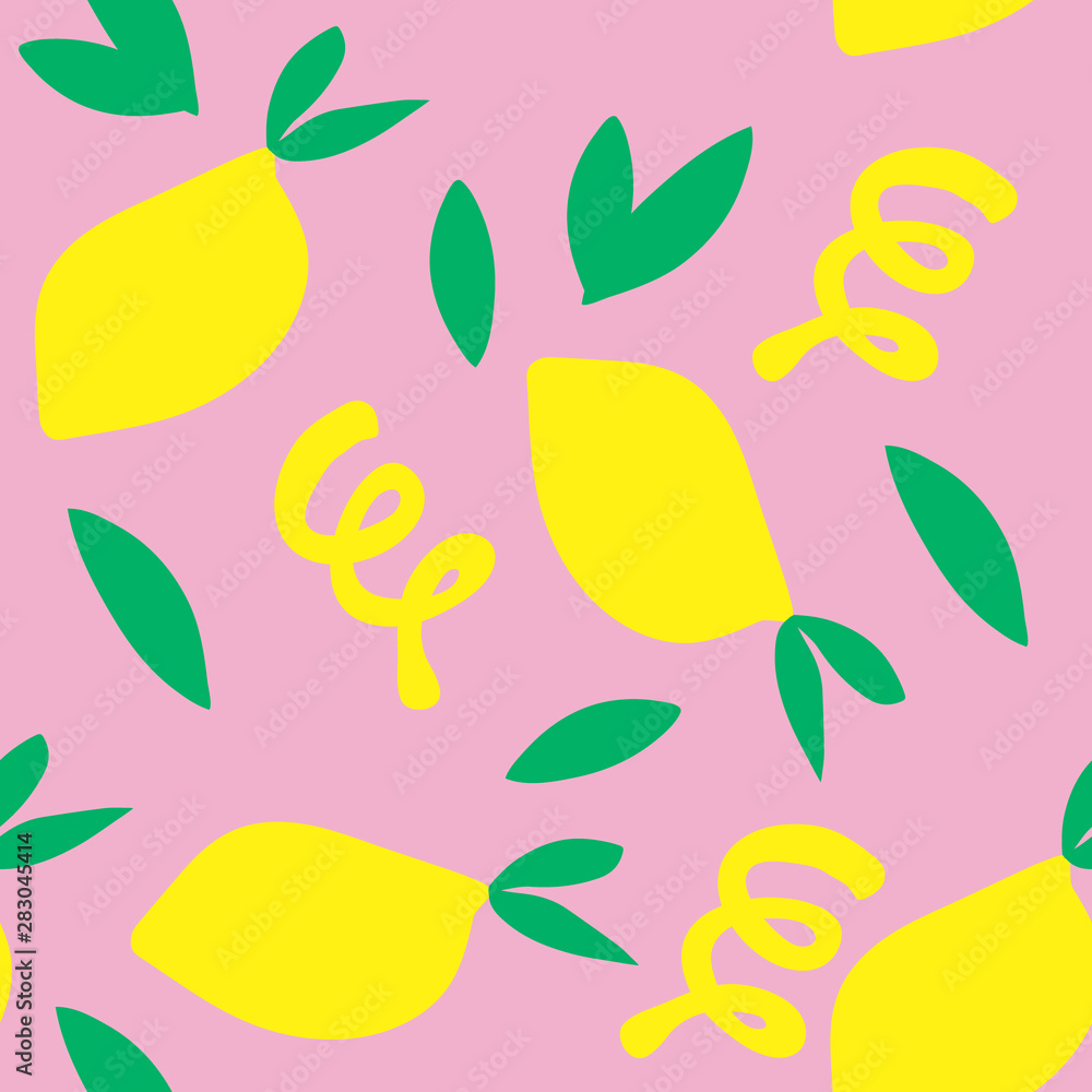 Vector seamless pattern of lemons, leaves and zest in simple style on pink background
