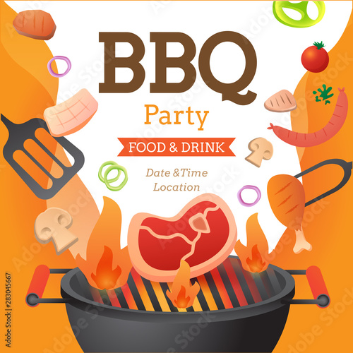 BBQ party invitation ,card or poster template with grill and food flyer vector flat style  illustration.