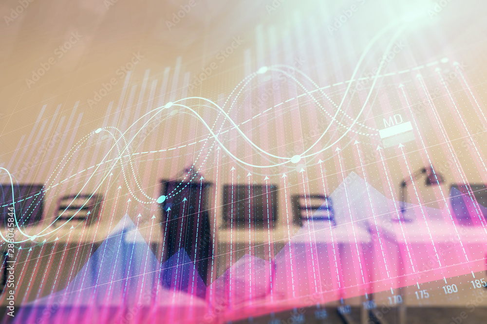 Stock and bond market graph with trading desk bank office interior on background. Multi exposure. Concept of financial analysis Stock and bond market graph with trading desk bank office interior on background. Multi exposure. Concept of financial analysis