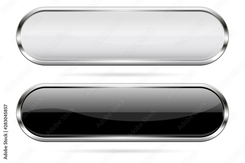 Oval glass buttons. Black and white icons with metal frame Oval glass buttons. Black and white icons with metal frame