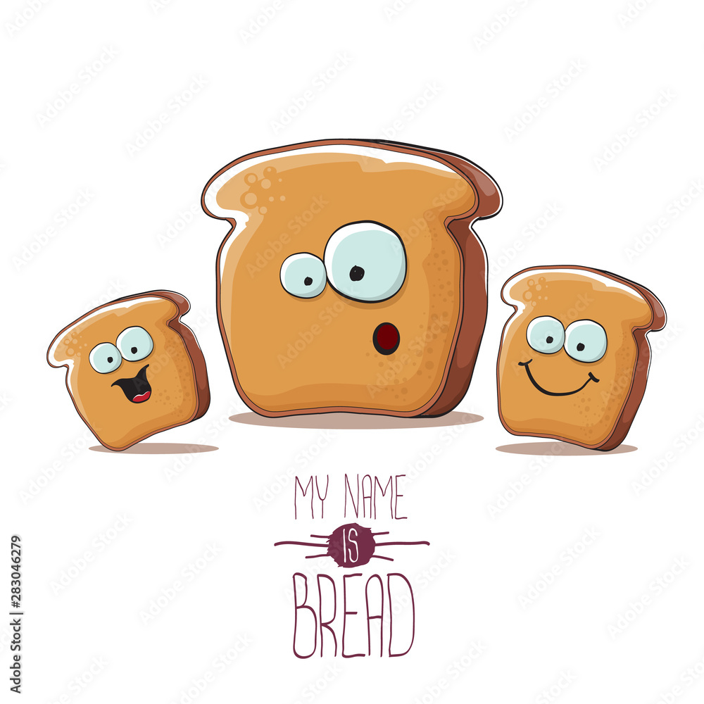 Fototapeta premium vector funky cartoon bread character with friends isolated on white background. funky food bakery kids characters set or collection