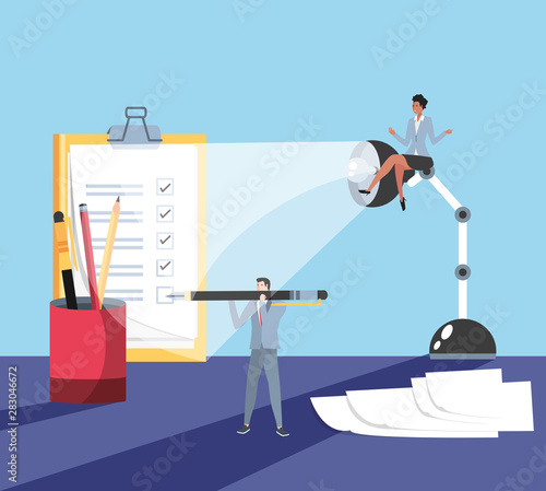 mini business couple with checklist in the workplace