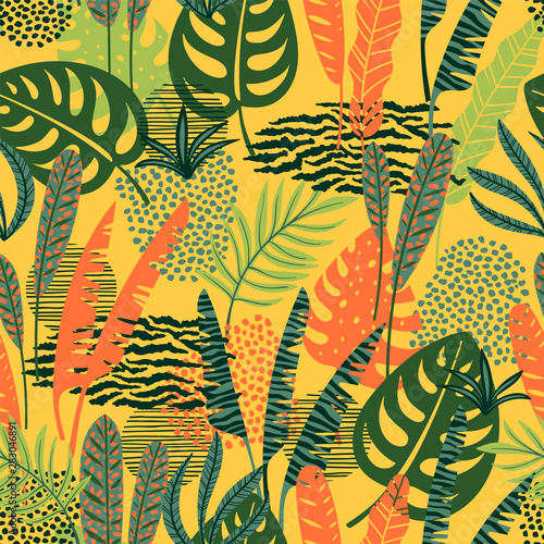 Abstract seamless pattern with tropical leaves. Hand draw texture