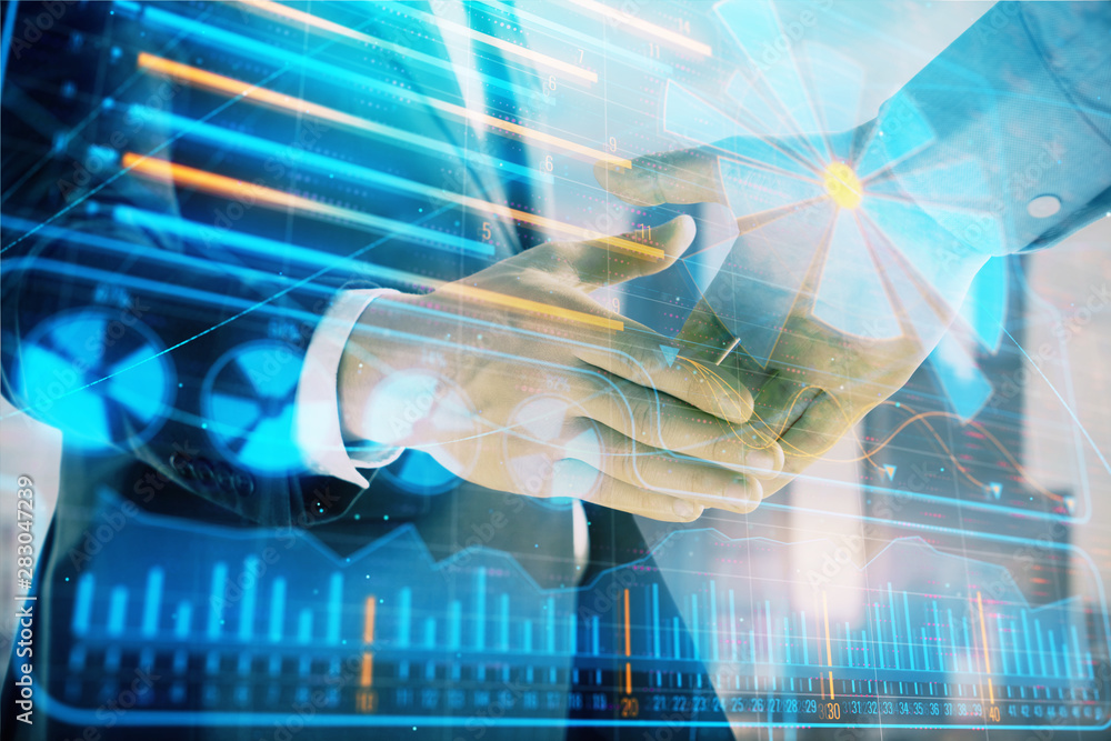Fototapeta premium Double exposure of business theme drawing on cityscape background with handshake. Concept of partnership