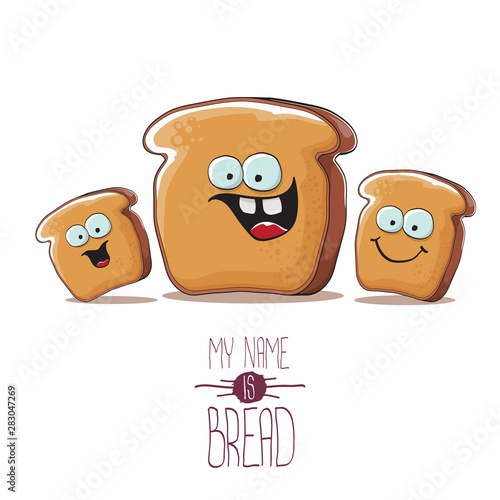 vector funky cartoon bread character with friends isolated on white background. funky food bakery kids characters set or collection