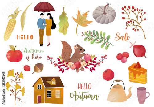 Autumn object collection with apple,squirrel,acorn,leaves.Illustration for sticker,postcard,invitation,element website.Included hello autumn and autumn is here wording