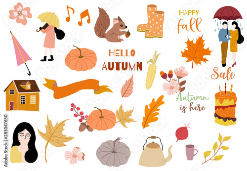 Autumn object collection with pumpkin,squirrel,man,woman.Illustration for sticker,postcard,invitation,element website.Included hello autumn and happy fall wording