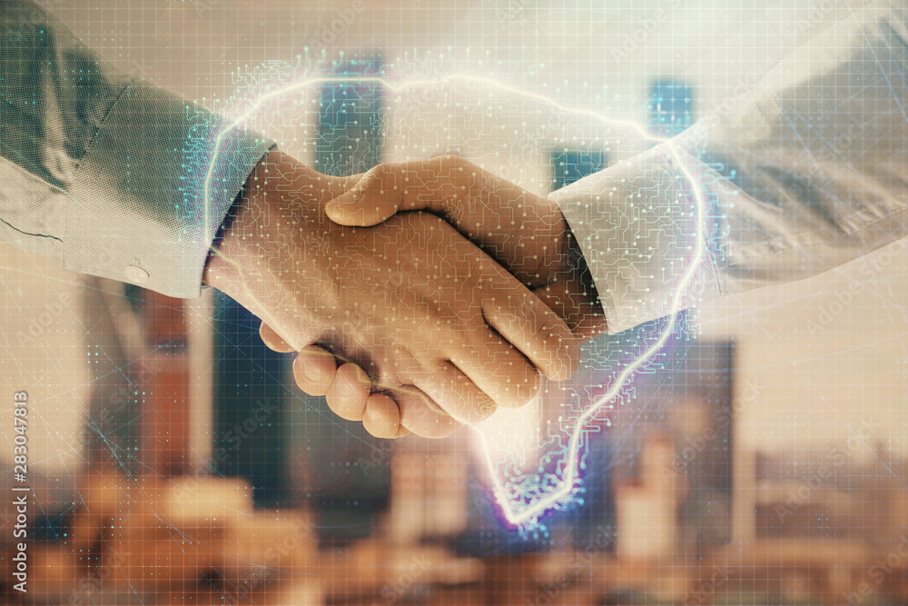 Multi exposure of human brain drawing on city view background with handshake. Concept of brainstorm Multi exposure of human brain drawing on city view background with handshake. Concept of brainstorm