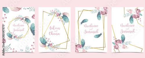 Pink green geometry wedding invitation with cactus and leaves.Vector birthday invitation for kid and baby.Editable element