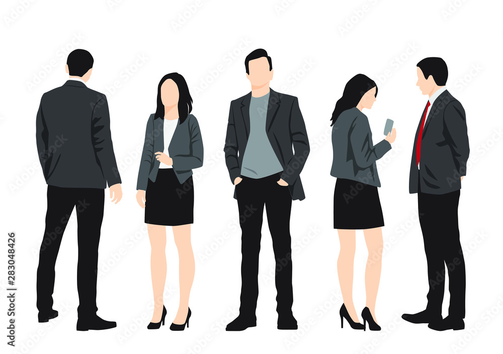 Silhouettes of men and women standing, cartoon character, group business people, vector illustration, flat designe icon, isolated on white background Silhouettes of men and women standing, cartoon character, group business people, vector illustration, flat designe icon, isolated on white background