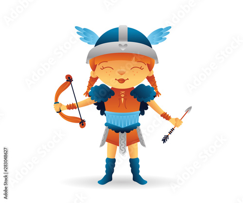 Cartoon viking cute smiling girl character with bow and arrow