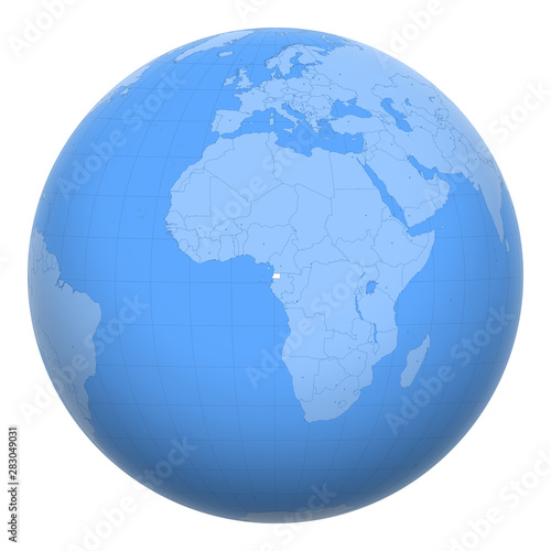 Equatorial Guinea on the globe. Earth centered at the location of the Republic of Equatorial Guinea. Map of Equatorial Guinea. Includes layer with capital cities.
