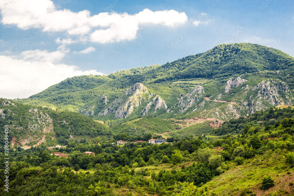 Beautiful mountain landscape on sunny summer day. Montenegro, Albania, Dinaric Alps Balkan Peninsula. Сan be used for postcards, banners, posters, posters, flyers, cards