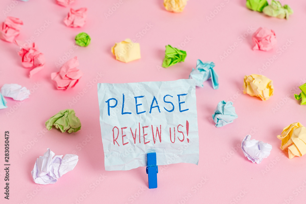 Writing note showing Please Review Us. Business concept for situation or system is formal examination by showing authority Writing note showing Please Review Us. Business concept for situation or system is formal examination by showing authority