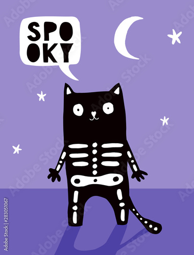 Funny Halloween Vector Illustration with Sceleton Cat.Scary Cat in Skeleton Costume Isolated on the Violet Background. Night Sky with Moon and Stars.Halloween Vector Print for Card, Poster,Invitation.
