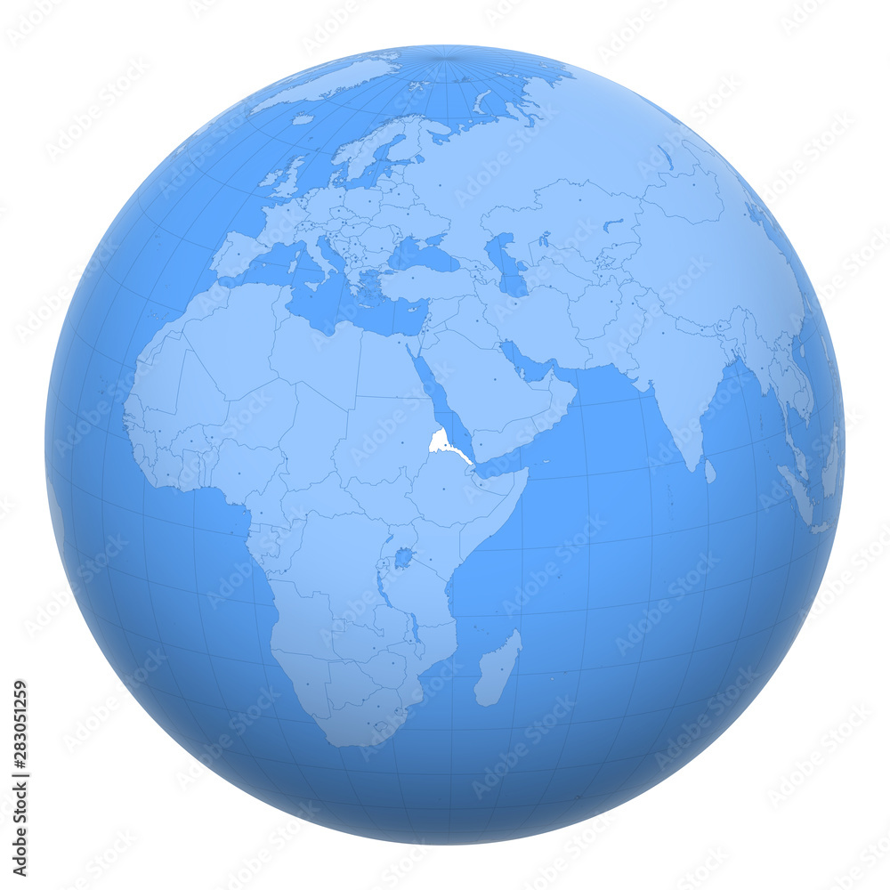Eritrea on the globe. Earth centered at the location of the State of Eritrea. Map of Eritrea. Includes layer with capital cities. Eritrea on the globe. Earth centered at the location of the State of Eritrea. Map of Eritrea. Includes layer with capital cities.