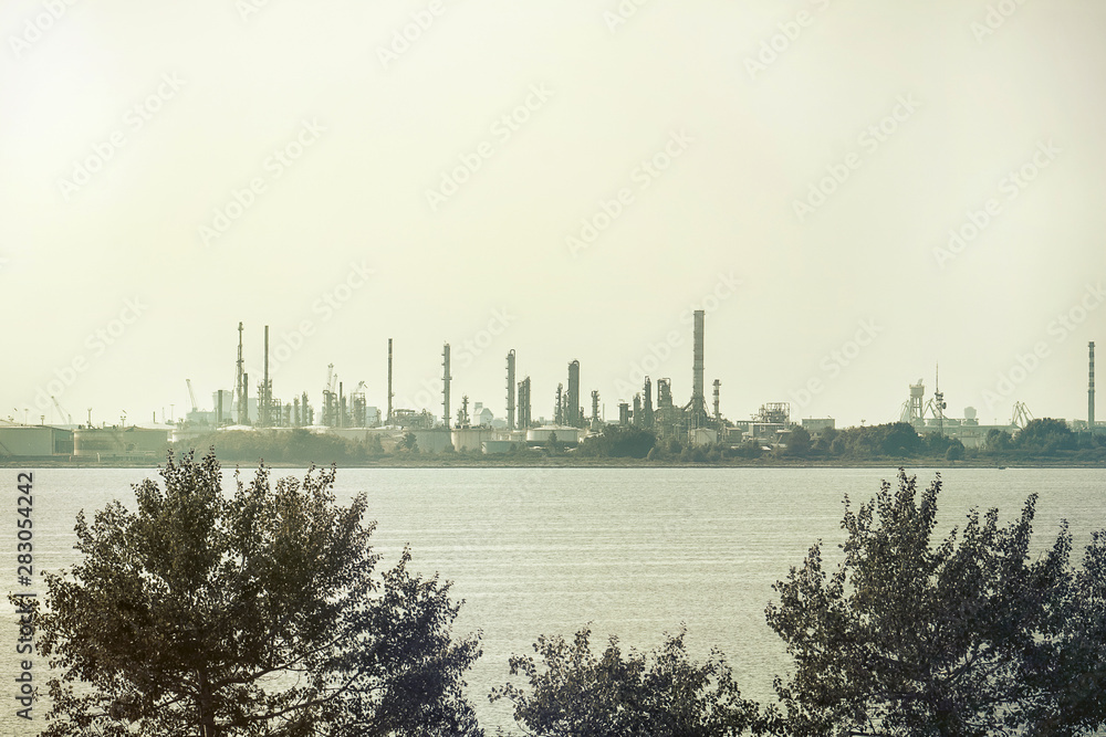 Pollution in Venice, view of Porto Marghera (Italy) industrial area in the venetian lagoon