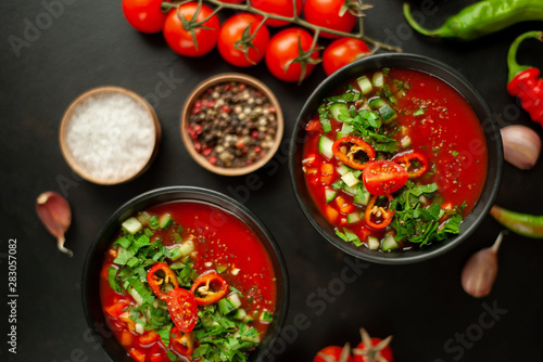 Traditional spanish cold tomato soup gazpacho on concrete background