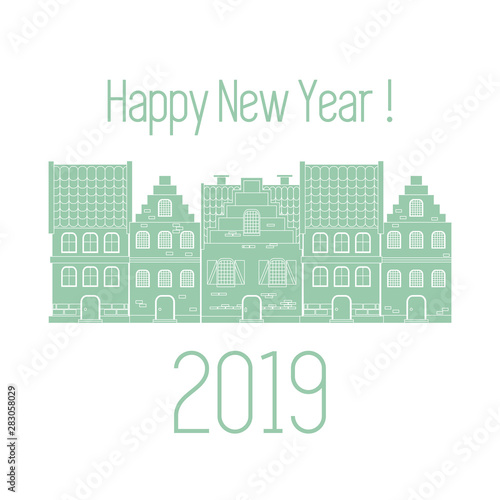 Happy New Year 2019 card. Vector houses.