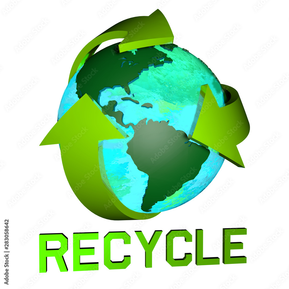 A 3D rendering of the earth with recycle arrows. A 3D rendering of the earth with recycle arrows.