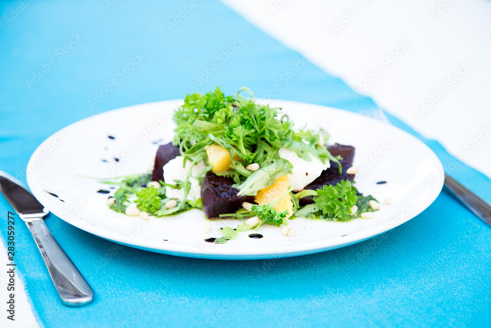 food by the pool. Salad and Meat