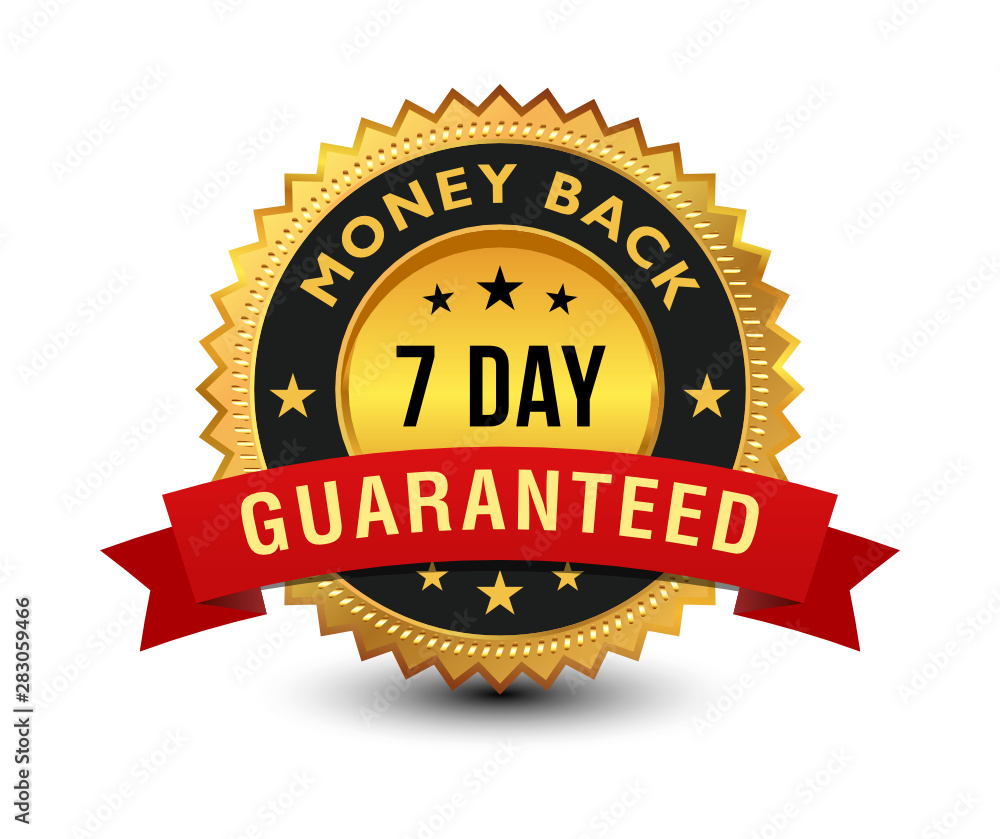 Golden colored 7 day money back guaranteed badge with red ribbon on top isolated on white background. banner, sticker, tag, icon, stamp, label, sign. Golden colored 7 day money back guaranteed badge with red ribbon on top isolated on white background. banner, sticker, tag, icon, stamp, label, sign.