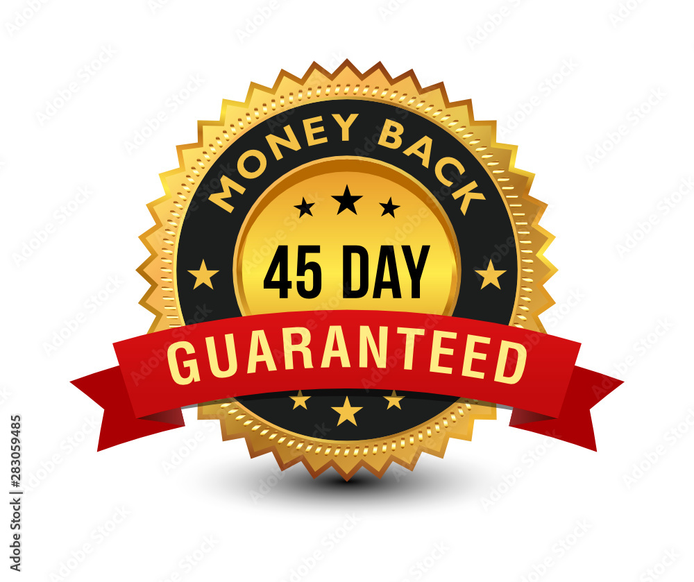 Golden colored 45 day money back guaranteed badge with red ribbon on top isolated on white background. banner, sticker, tag, icon, stamp, label, sign. Golden colored 45 day money back guaranteed badge with red ribbon on top isolated on white background. banner, sticker, tag, icon, stamp, label, sign.