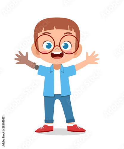 happy kid with prosthetic arm vector