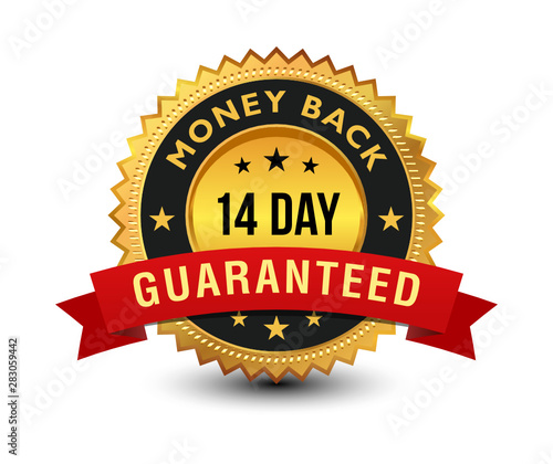 Golden colored 14 day money back guaranteed badge with red ribbon on top isolated on white background. banner, sticker, tag, icon, stamp, label, sign.