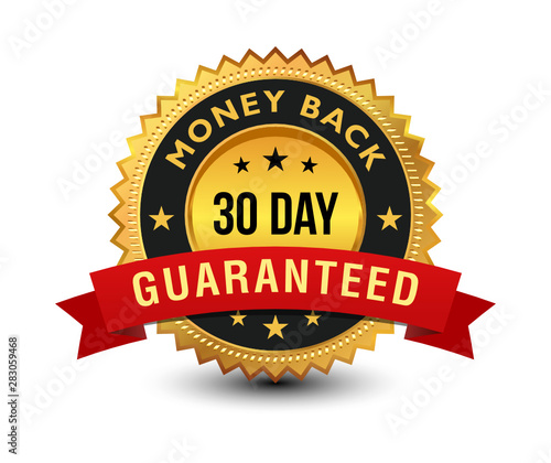 Golden colored 30 day money back guaranteed badge with red ribbon on top isolated on white background. banner, sticker, tag, icon, stamp, label, sign. photo