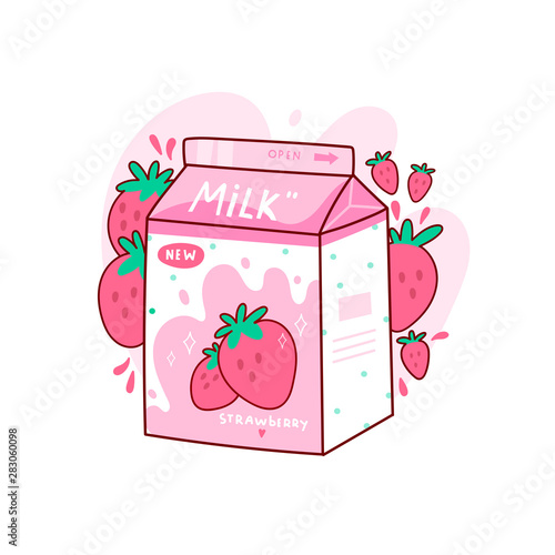Carton of tasty strawberry milk. Japanese style packaging design. Asian product. Hand drawn colored trendy vector illustration. Kawaii anime design. Cartoon style