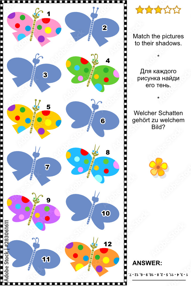Visual puzzle: Match the pictures of multicolor butterflies to their shadows. Answer included. Visual puzzle: Match the pictures of multicolor butterflies to their shadows. Answer included.