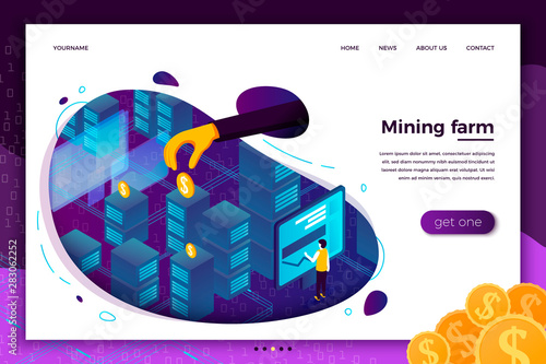 Vector concept illustration -  cryptocurrency mining farm process, mans hand taking money. Modern bright banner, site template with place for your text.