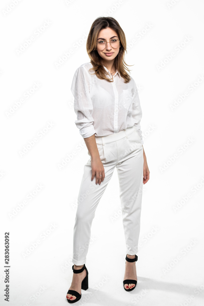 Full length portrait of a smiling pretty woman isolated over white background Full length portrait of a smiling pretty woman isolated over white background